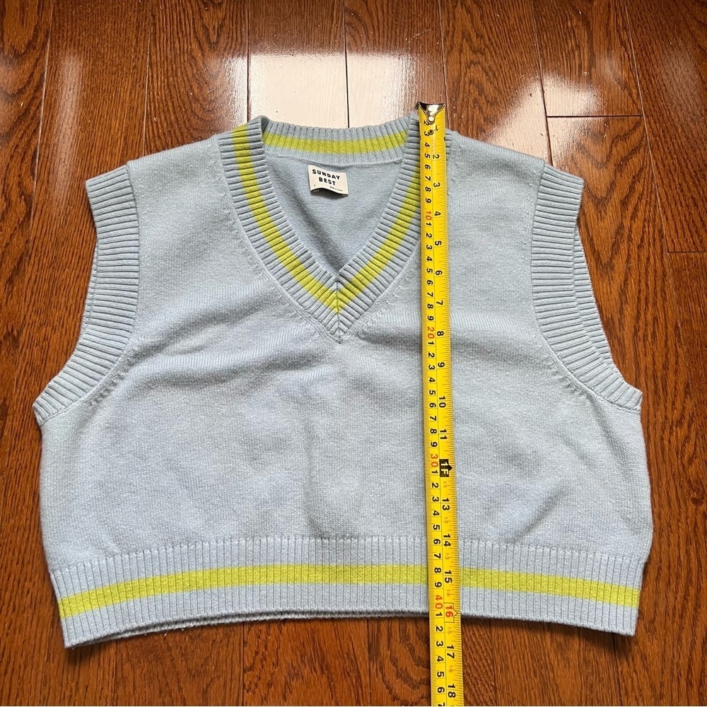 Aritzia Sunday Best Merino Wool Cotton Blue Green Knit Cropped Sweater Vest Sz S - Picture 12 of 13